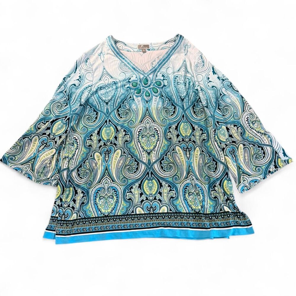 JM Collection Woman 2X Blue Paisley Tunic Top Embellished V-Neck 3/4 Sleeve